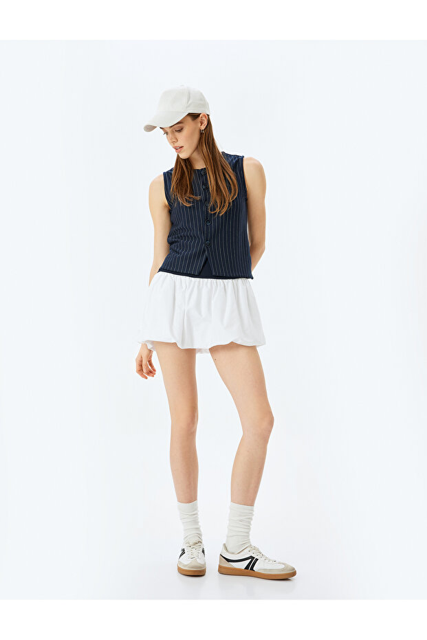Striped Button Detailed Crew Neck Sleeveless Vest