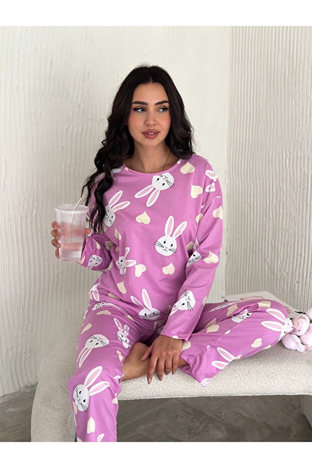Women's Tanşan Patterned Purple Color Comfortable Fit Cotton Long Sleeved Pajama Set Hn1000