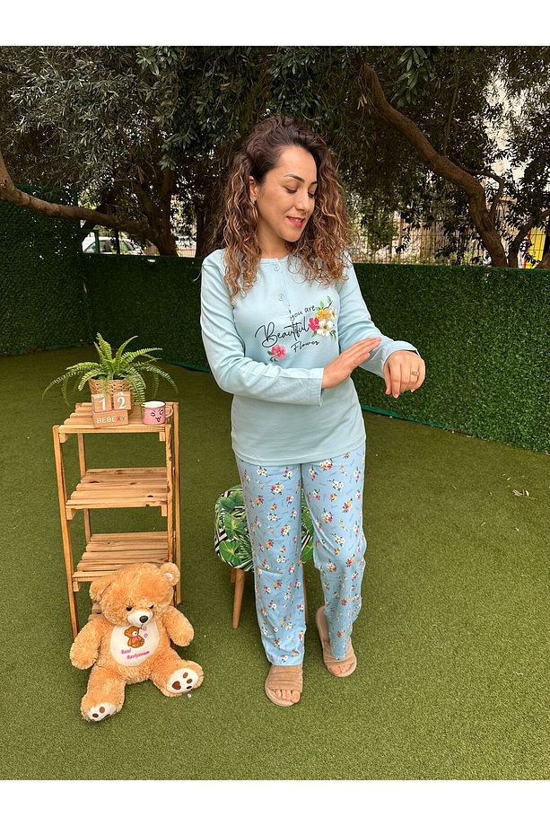 Çiçek Desenli Uyku Bantlı Pijama Takımı Mavi - 3