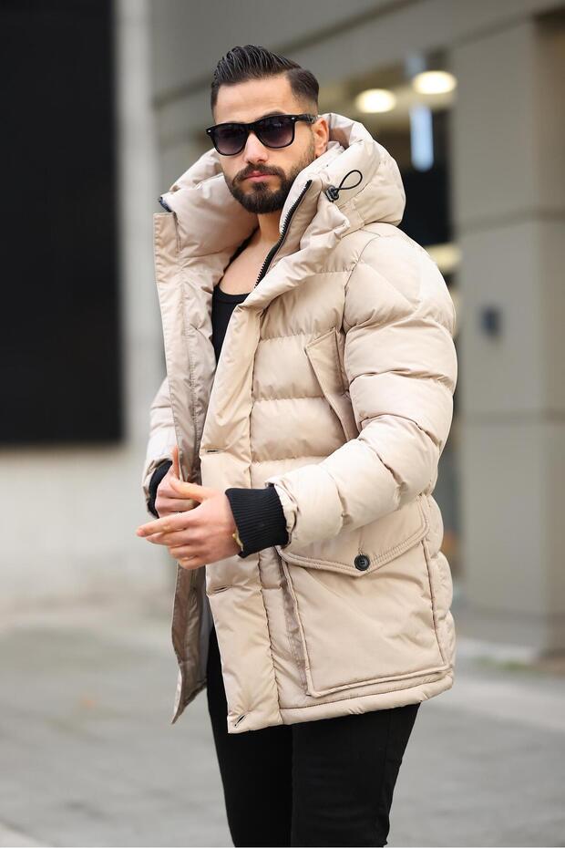 Men's Hooded Winter Long Coat with Bag Pocket