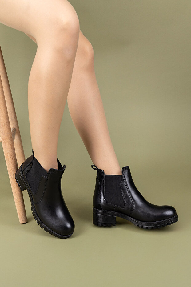 Efser Kadın Hakiki Deri Elastik Bantlı Siyah Bot - 2