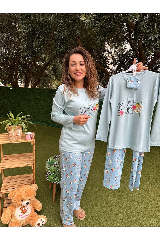 Çiçek Desenli Uyku Bantlı Pijama Takımı Mavi - 5