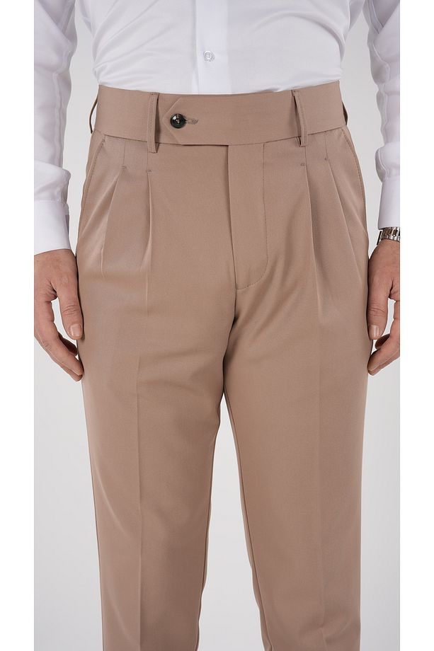 Erkek Regular Fit Yüksek Bel Piliseli Tokalı Kumaş Pantolon-Taba - 2