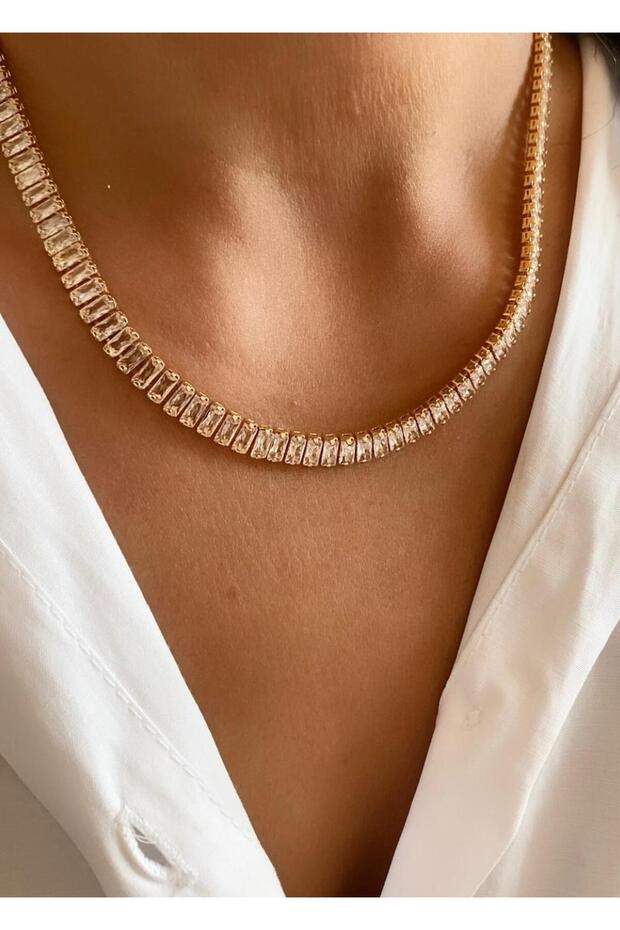 Bronze Gold Thin Baguette Stone Waterway Necklace