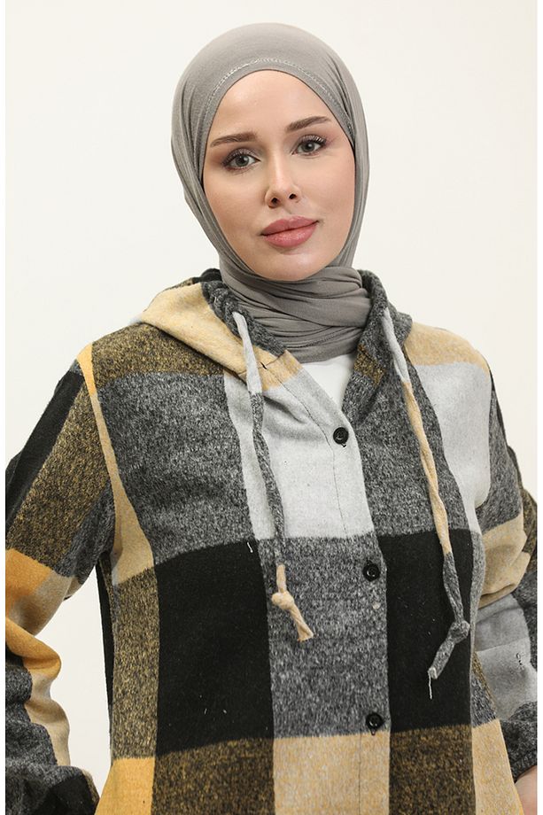 Kapüşonlu Desenli Kap 0184-06 Siyah Sarı - 3