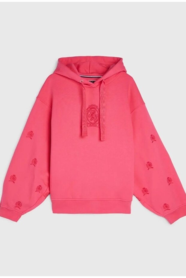 Wide Cut - Bubble Sleeve and Hooded Embroidered Th Sweatshirt