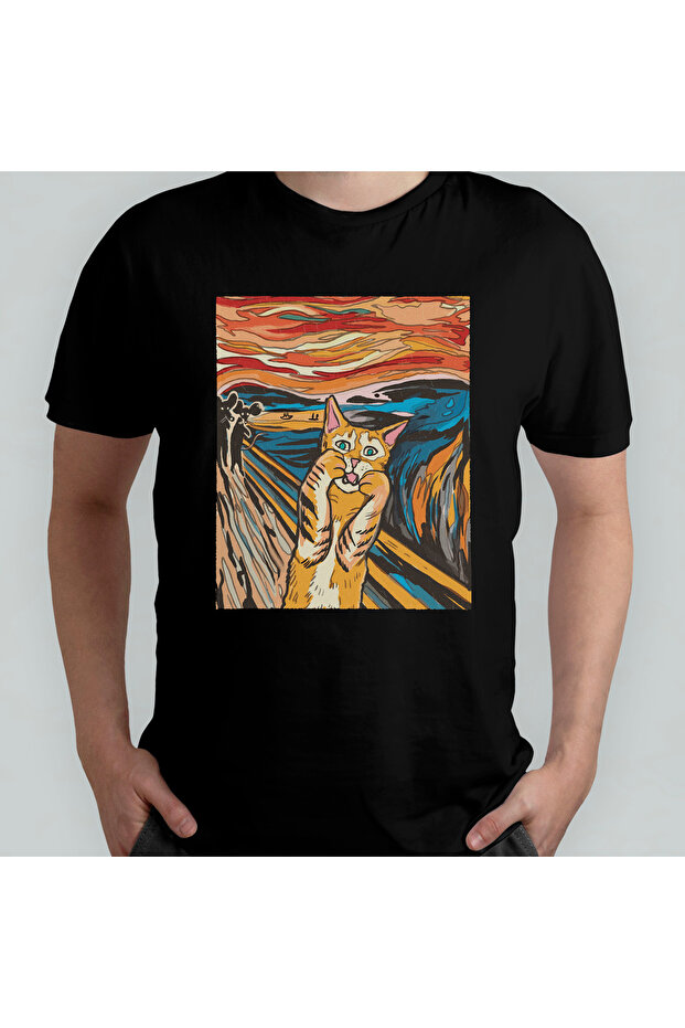 Edvard Munch Cat Scream Scream Crew Neck T-Shirt - 100% Cotton Model 1