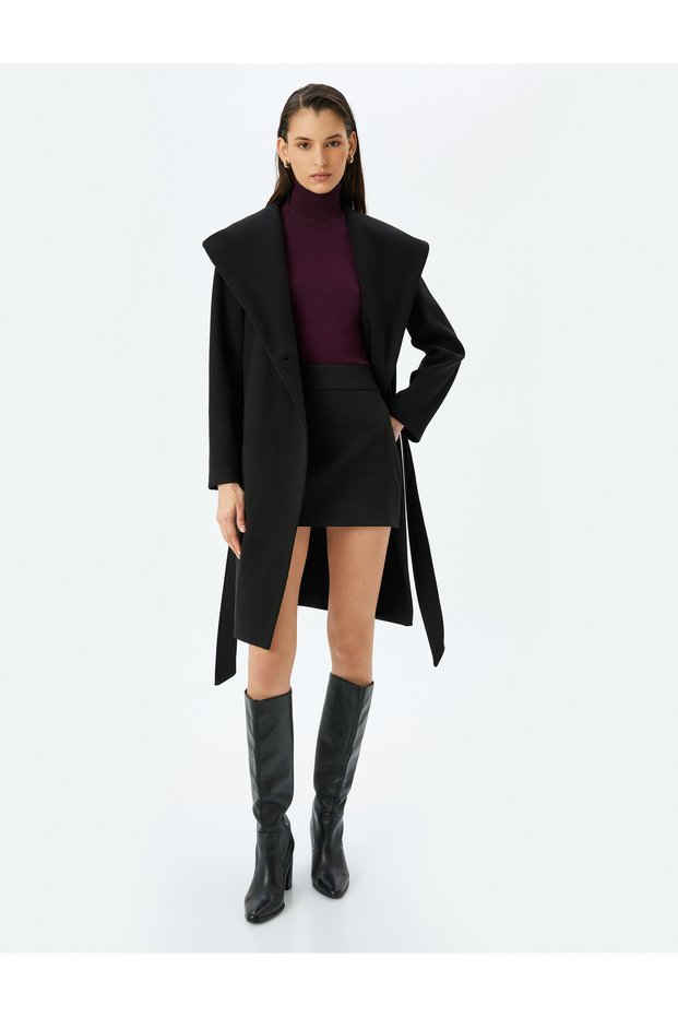 Belted Double Breasted Hooded Long Stamp Coat