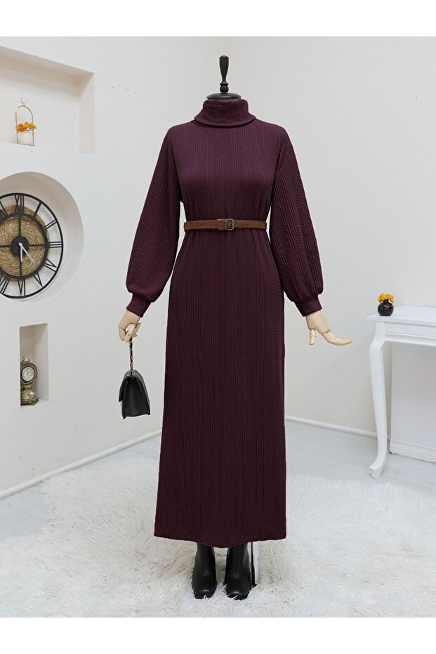 Turtleneck Belted Stretch Fabric Dress -Burgundy