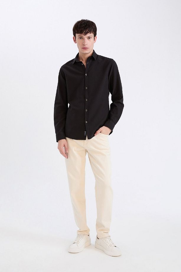 Slim Fit Dar Kesim Pamuklu Basic Düz Uzun Kollu Siyah Gömlek A4644ax24au - 2