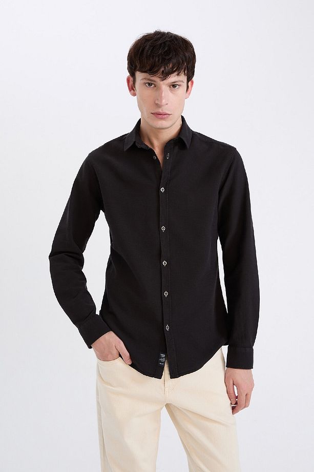 Slim Fit Dar Kesim Pamuklu Basic Düz Uzun Kollu Siyah Gömlek A4644ax24au - 3