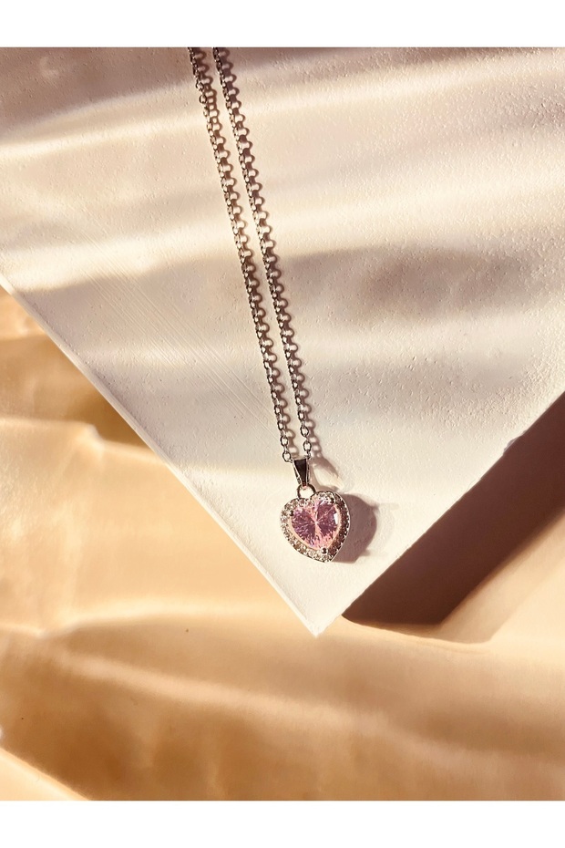 Pink Heart Silver Stainless Steel Necklace 40+5cm