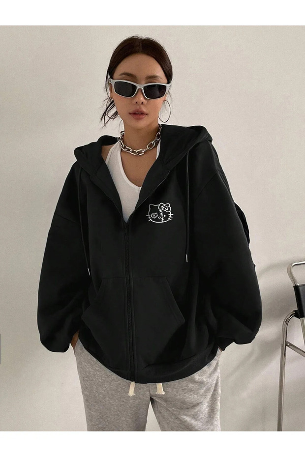 Hello Kitty Printed Unisex Hooded Kangaroo Pocket Oversize Seasonal Zip-Up Sweatshirt / Cardigan