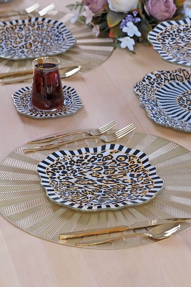 Leopard Altın Yaldızlı 6 Kişilik Cam Pasta Tabağı Takımı - 7
