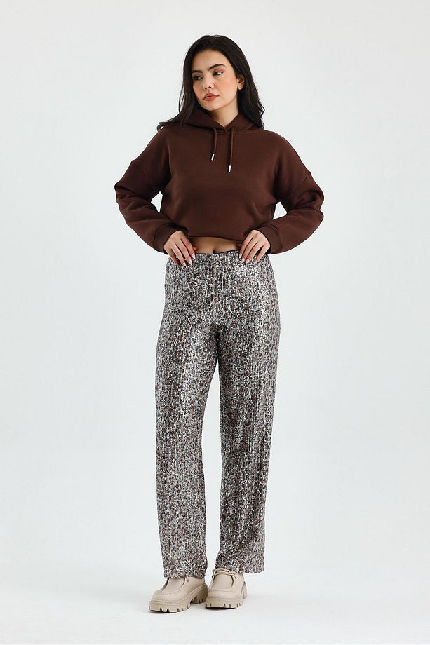 Lastikli Yüksek Bel İçi Astarlı Pullu Kumaş Bol Paça Pantolon-M - Leopar - 6