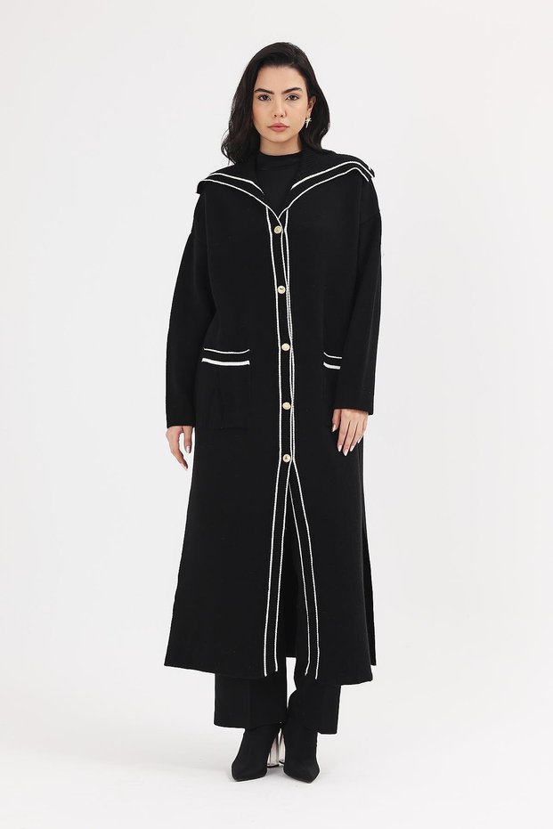 Women's Black V-Neck Striped Shoulder Detailed Buttoned Knitwear Long Cardigan