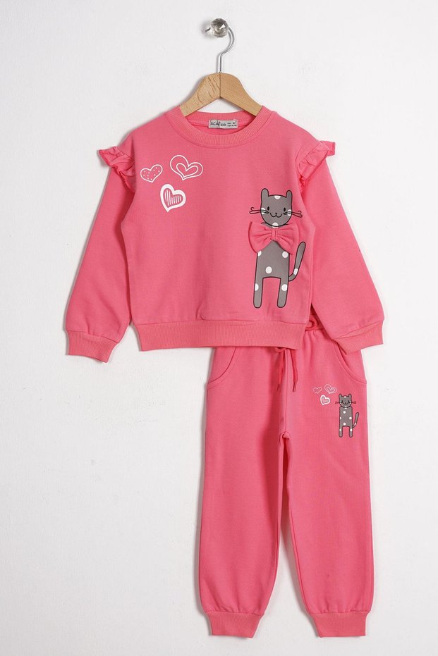 Crew Neck Long Sleeve Cat Printed Dark Pink Color Girl's Tracksuit Set