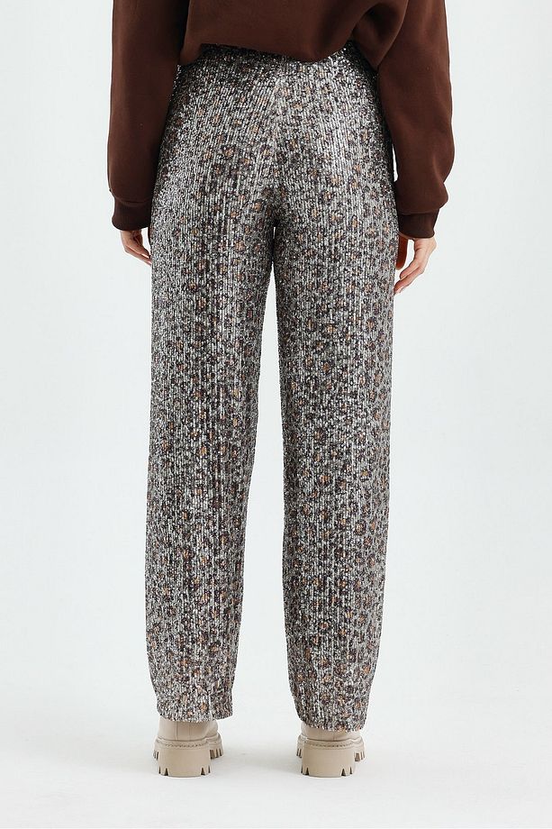 Lastikli Yüksek Bel İçi Astarlı Pullu Kumaş Bol Paça Pantolon-M - Leopar - 8