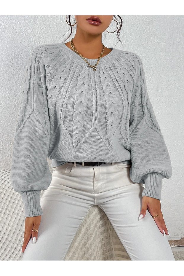 Women's Hair Braided Crew Neck Italian Sleeve Knitwear Gray Sweater