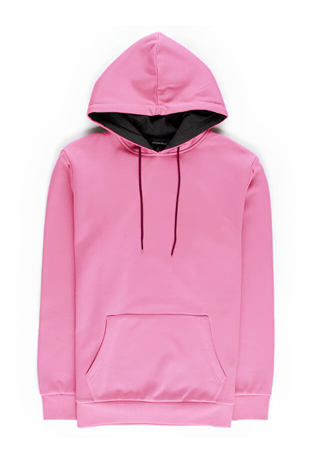 Pembe Unisex Basic Düz Renk Kapüşonlu Sweatshirt