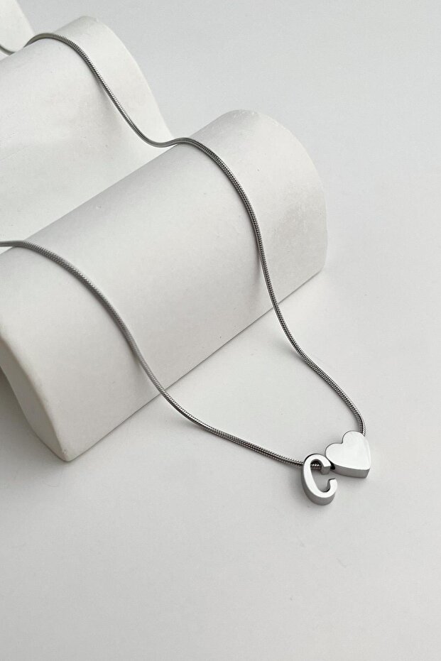 Steel Heart Detailed Letter C Necklace (45Cm+5Cm)