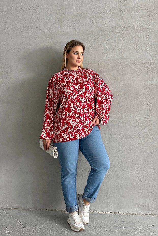 Plus Size Drawstring Long Sleeve Print Blouse E15233 - 5