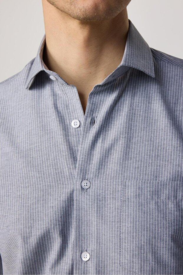 Klasik Fit Uzun Kollu Ince Çizgili Pamuklu Kravatlık Yaka Erkek Gri Gömlek - 5