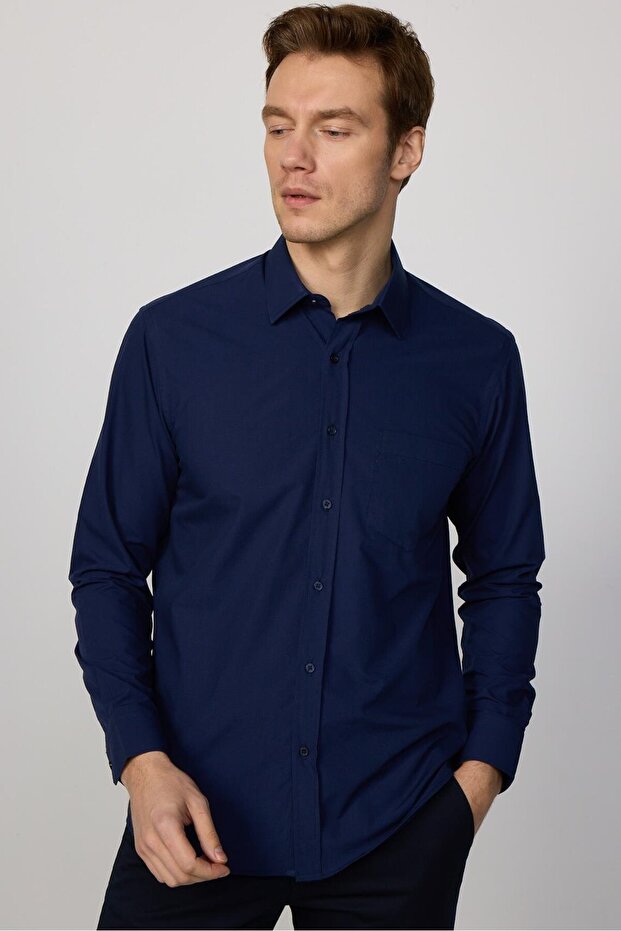 Classic Fit Long Sleeve Cotton Easy Iron Plain Navy Blue Men's Shirt