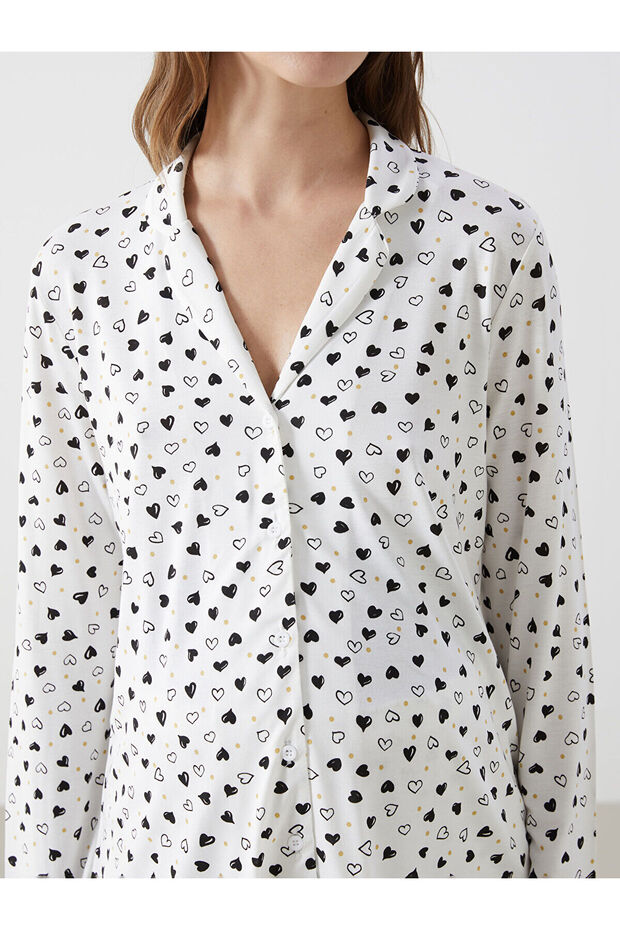 Ekru Gömlek Yaka Baskılı Hamile Pijama Takımı - 3