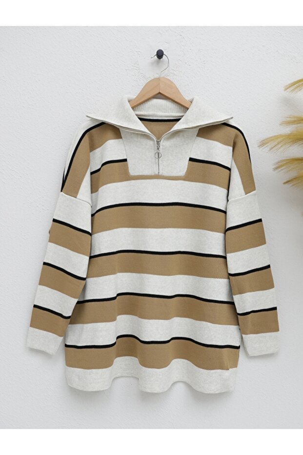 Half Zipper High Neck Knit Tunic - Stone