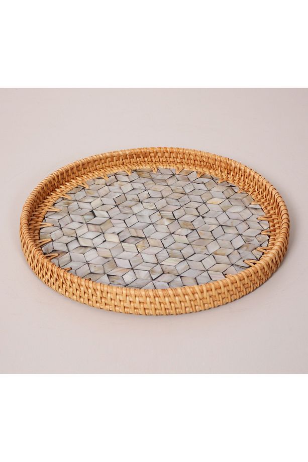 Dowa El Yapımı Sedefli Rattan Tepsi - 2