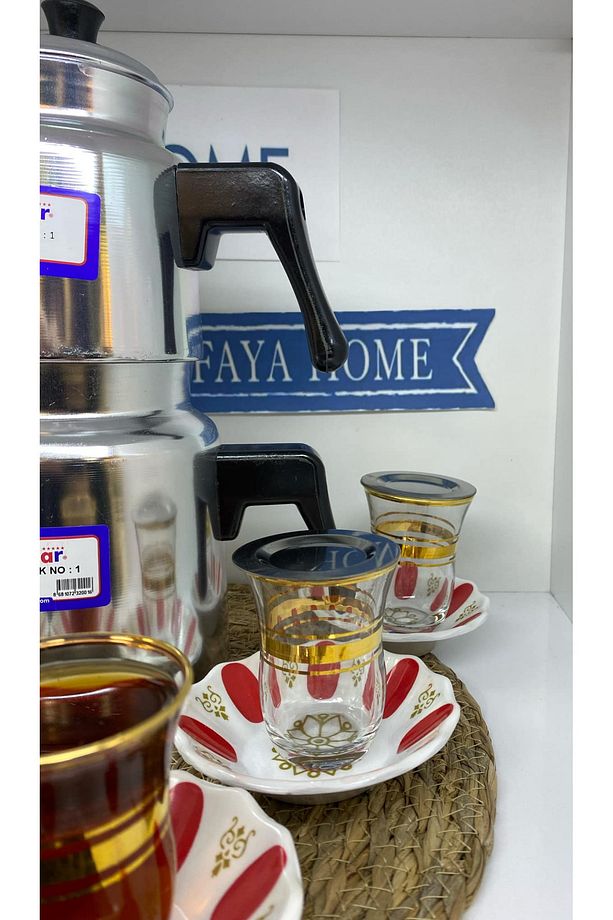 Nostaljik Altın Yaldızlı Kahveci Çay Seti 20 Parça 6 Kişilik Set 1 adet Alüminyum Çaydanlık Takımı - 1