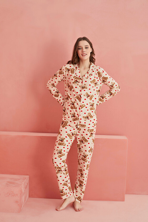 Somon Ayı Desenli Önden Düğmeli Süet Pijama Takım - 2