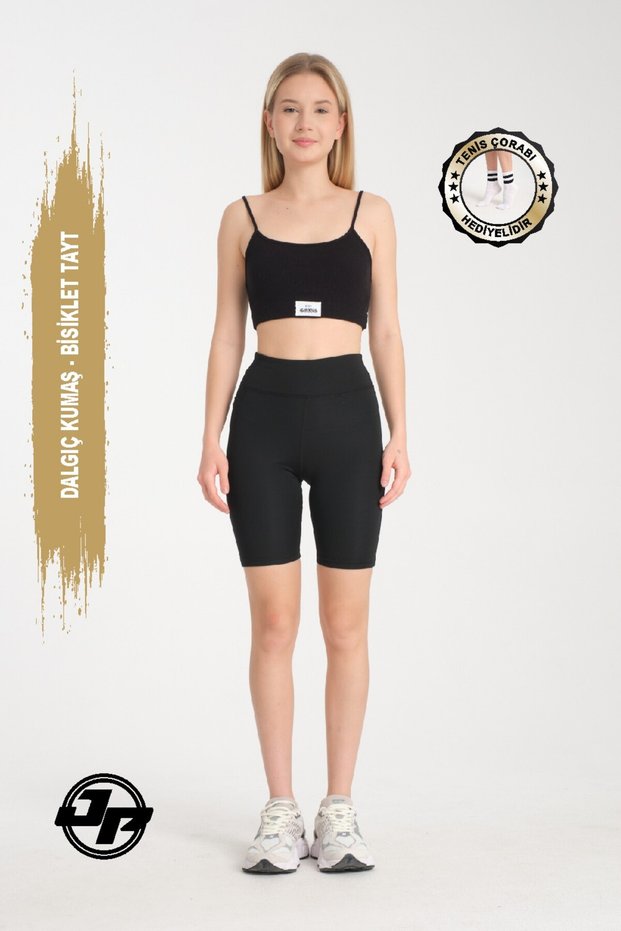 Women's Black High Waist Gathering Single Pocket Biker Shorts Short Sports Leggings