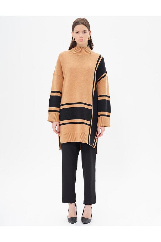 Çizgi Desen Triko Tunik Camel-Siyah - 4