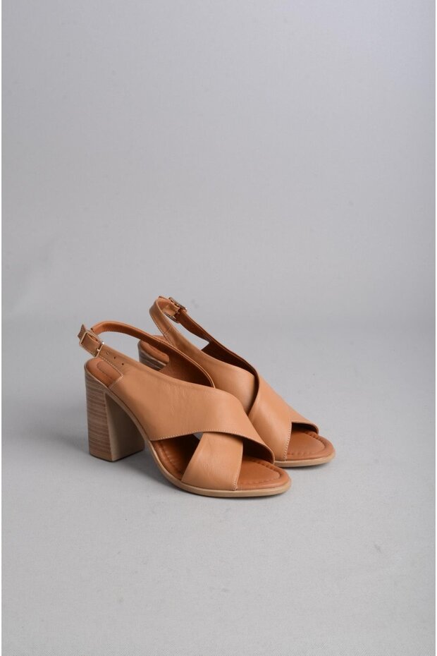 Seç 3004 Genuine Leather Heel-Strapped Women's Sandals (Heel Height: 9 cm) Tan