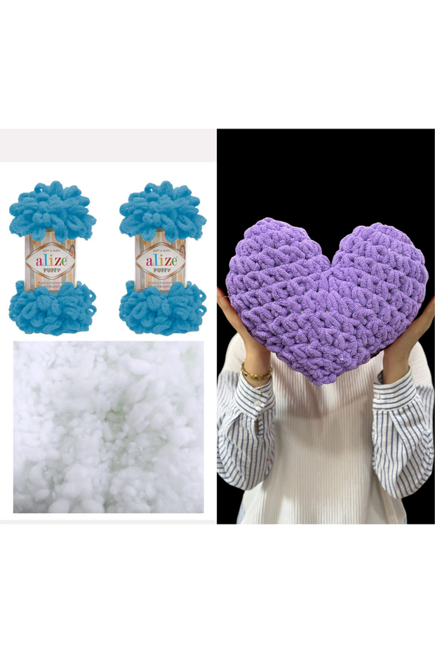 Kalp Yastık Puffy Malzemesi 2 Adet Puffy 16 Mavi Ve 200 Gr. Boncuk Elyaf Seti - 1