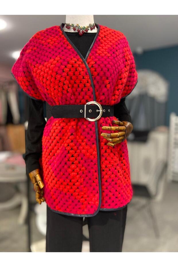 Deri Biyeli Triko Yelek - 2