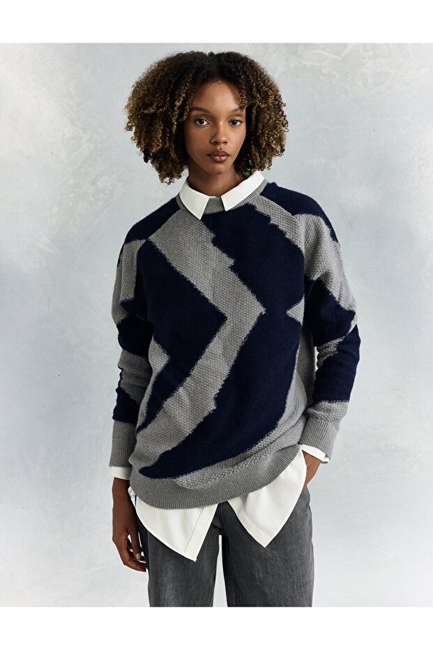 Soyut Desen Triko Tunik Gri - 4