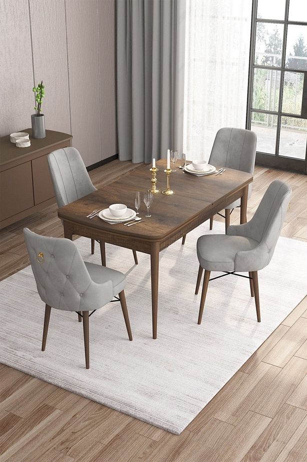 Are Serisi 80x132 Açılabilir Mdf Barok Ahşap Desenli Masa Takımı Ve 4 Gri Sandalye - 1