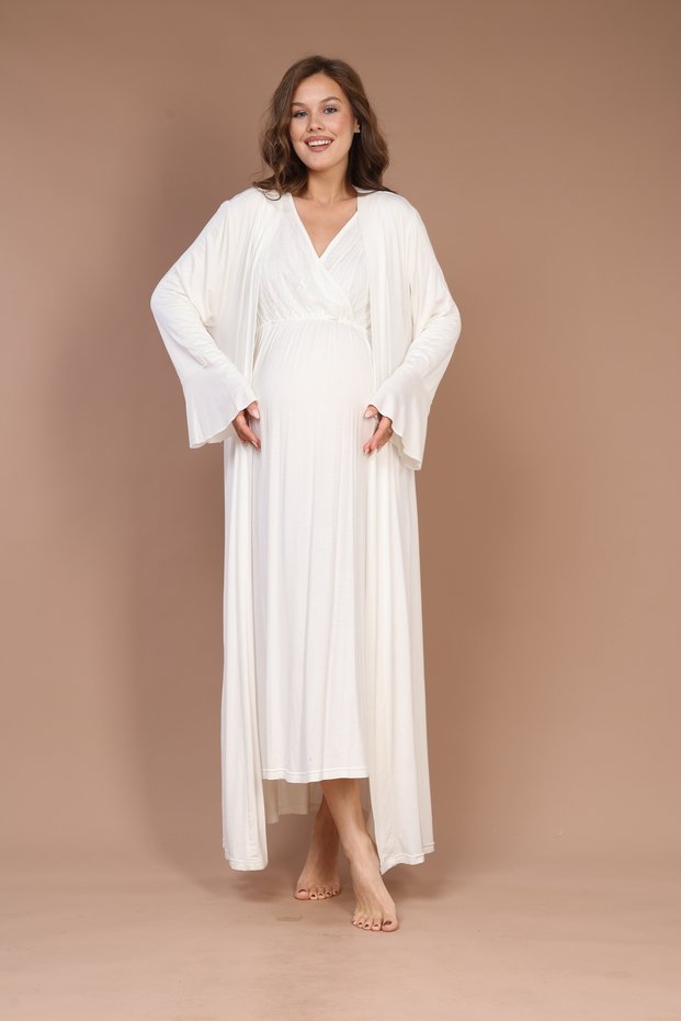 Ecru Tulle Women's Maternity Homewear Set with Flywheel Sleeves Design Dressing Gowns
