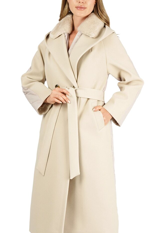 معطف مبطن - رقبة فروي، حزام خصر مربوط، زر أمامي وتفاصيل غطاء للرأس - 4463 - 3