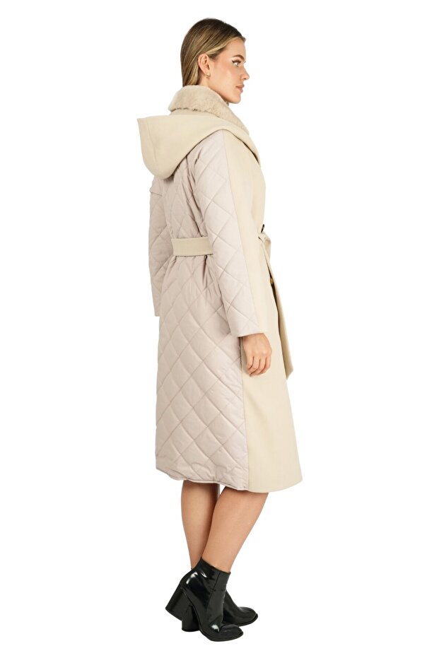 معطف مبطن - رقبة فروي، حزام خصر مربوط، زر أمامي وتفاصيل غطاء للرأس - 4463 - 4