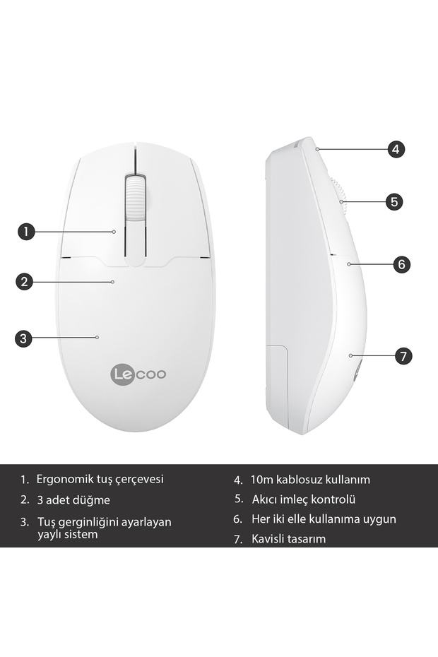 Ws204 Kablosuz 1200dpı Optik Mouse Beyaz Usb Alıcılı Ergonomik Tak Çalıştır Sessiz - 3