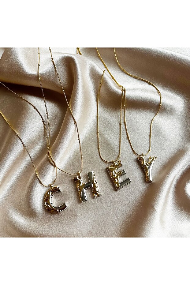 E Harf Gold-Silver Çelik Kolye - 6