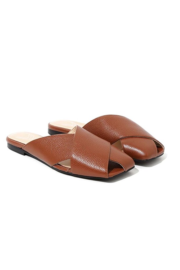 Deri Çarpraz Geçiş Düz Terlik - Taba - 1