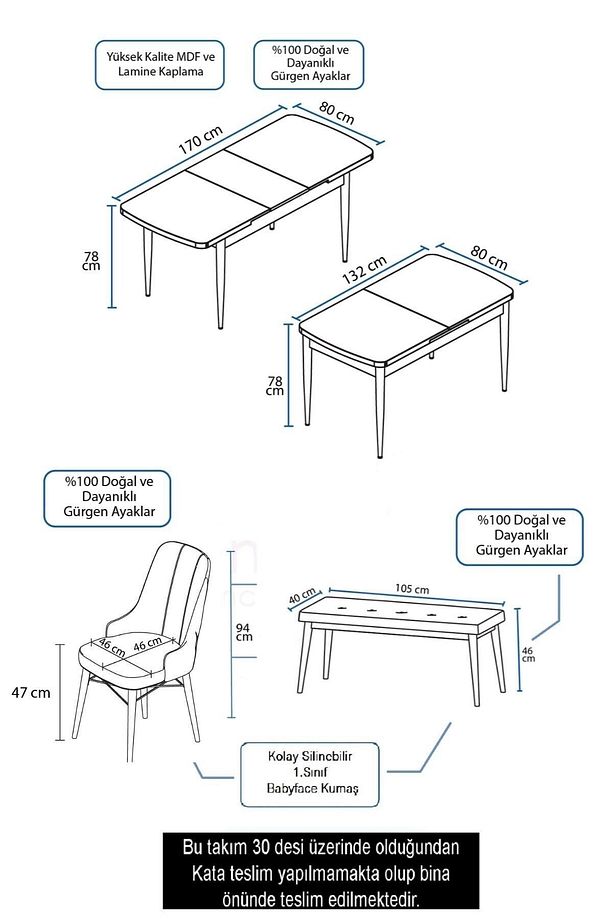 Are Serisi 80x132 Mdf Açılabilir Benchli Beyaz Mutfak Masa Takımı 4 Lacivert Sandalye 1 Bench - 6