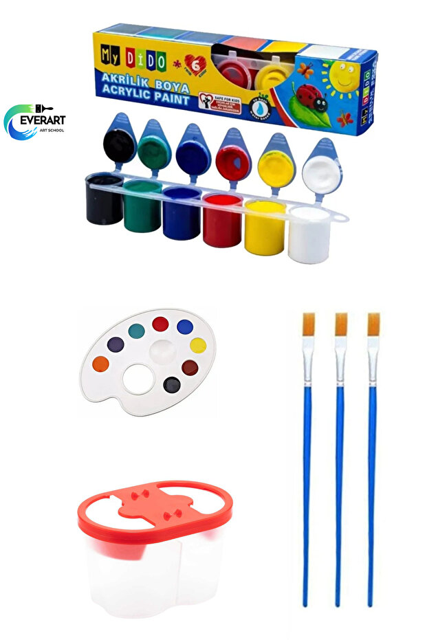 6 Lı Akrilik Boya, Palet, 3 Adet Akrilik Boya Fırçası, Su Kabı Resim Başlangıç Seti - 1
