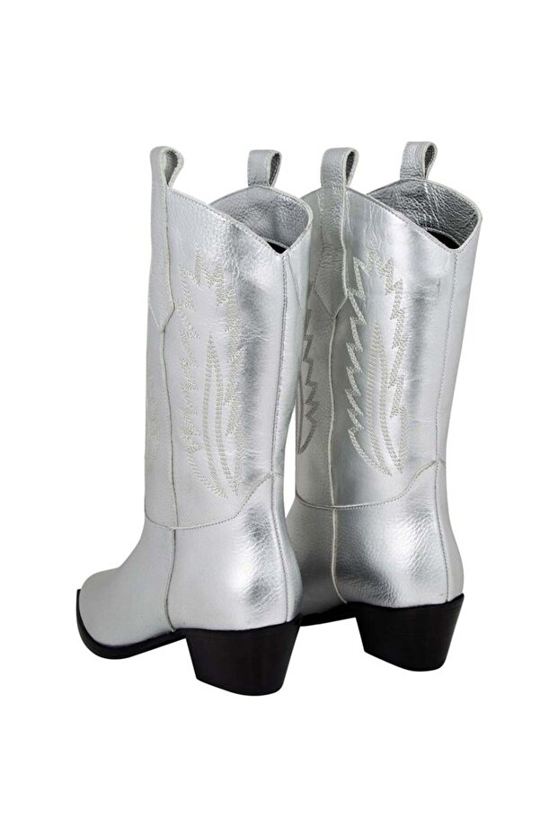 Silver Patterned Leather Boots - Silver - 4