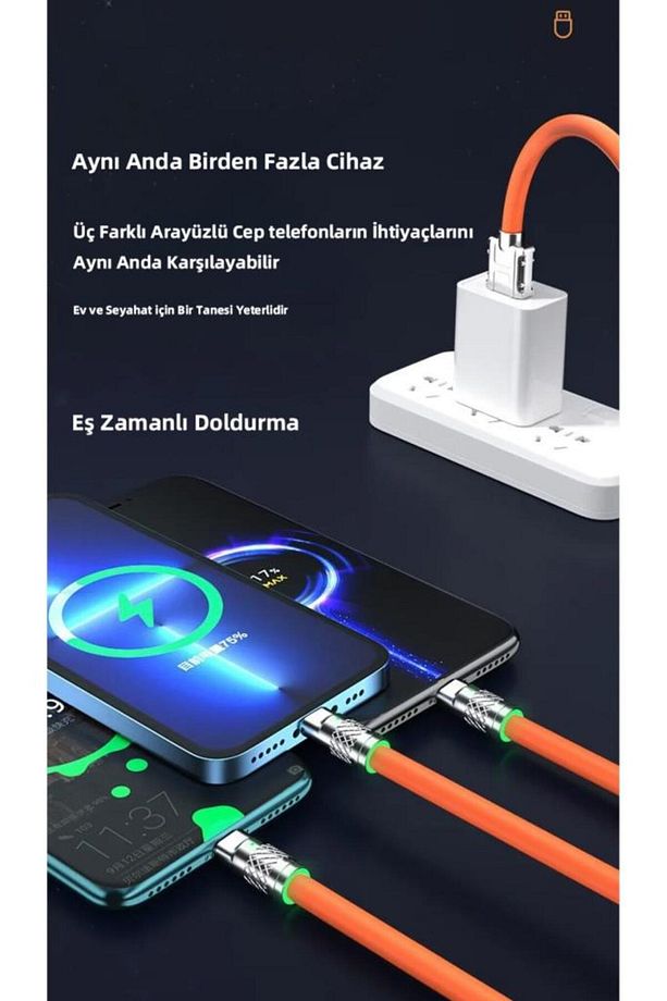 6A 120W 3 in 1 Usb to Type-C + Micro Usb + Lightning Hızlı Şarj Kablosu Silikon Kablo 1 Metre - 8